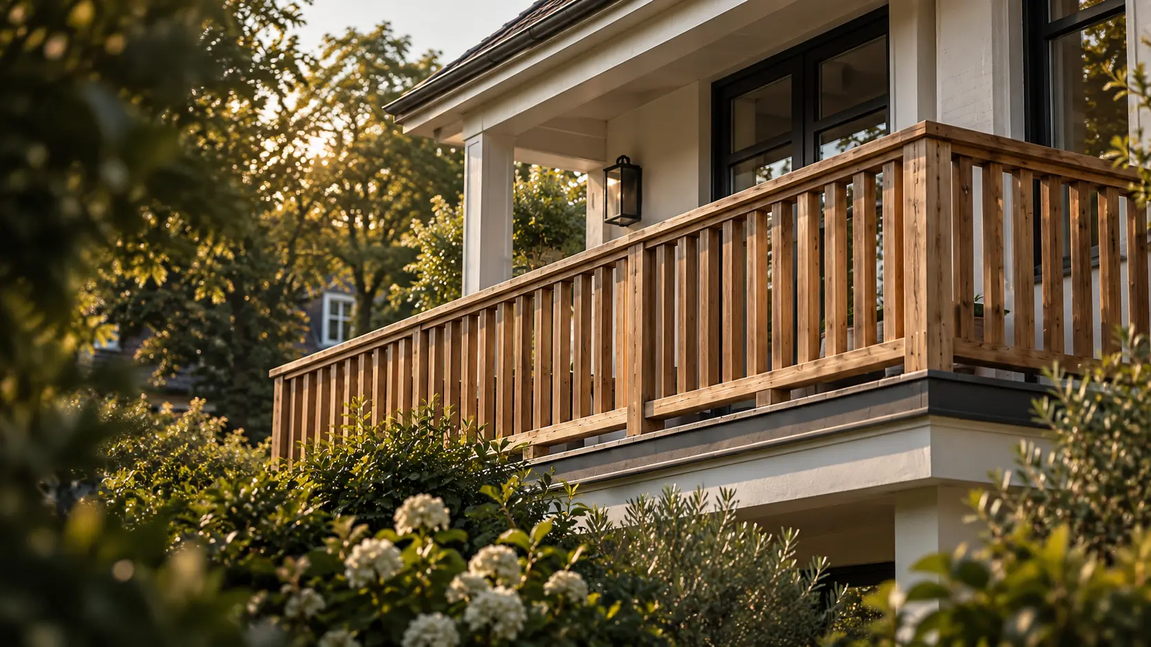 Houten balkonhek van 1000 mm hoog met spijlen op ongeveer 70 mm van elkaar
