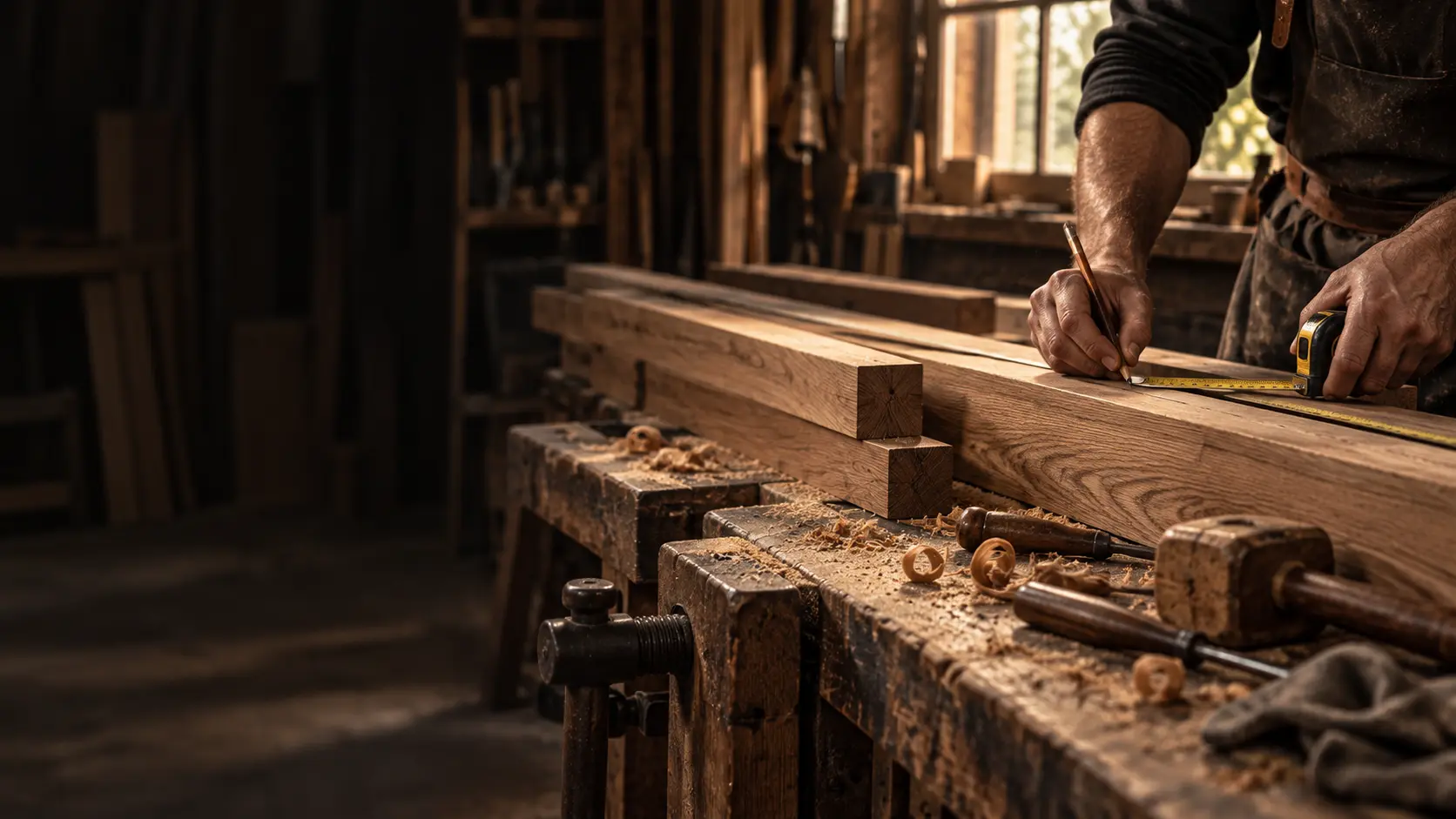 Vakman aan het werk in de timmerfabriek in Den Haag